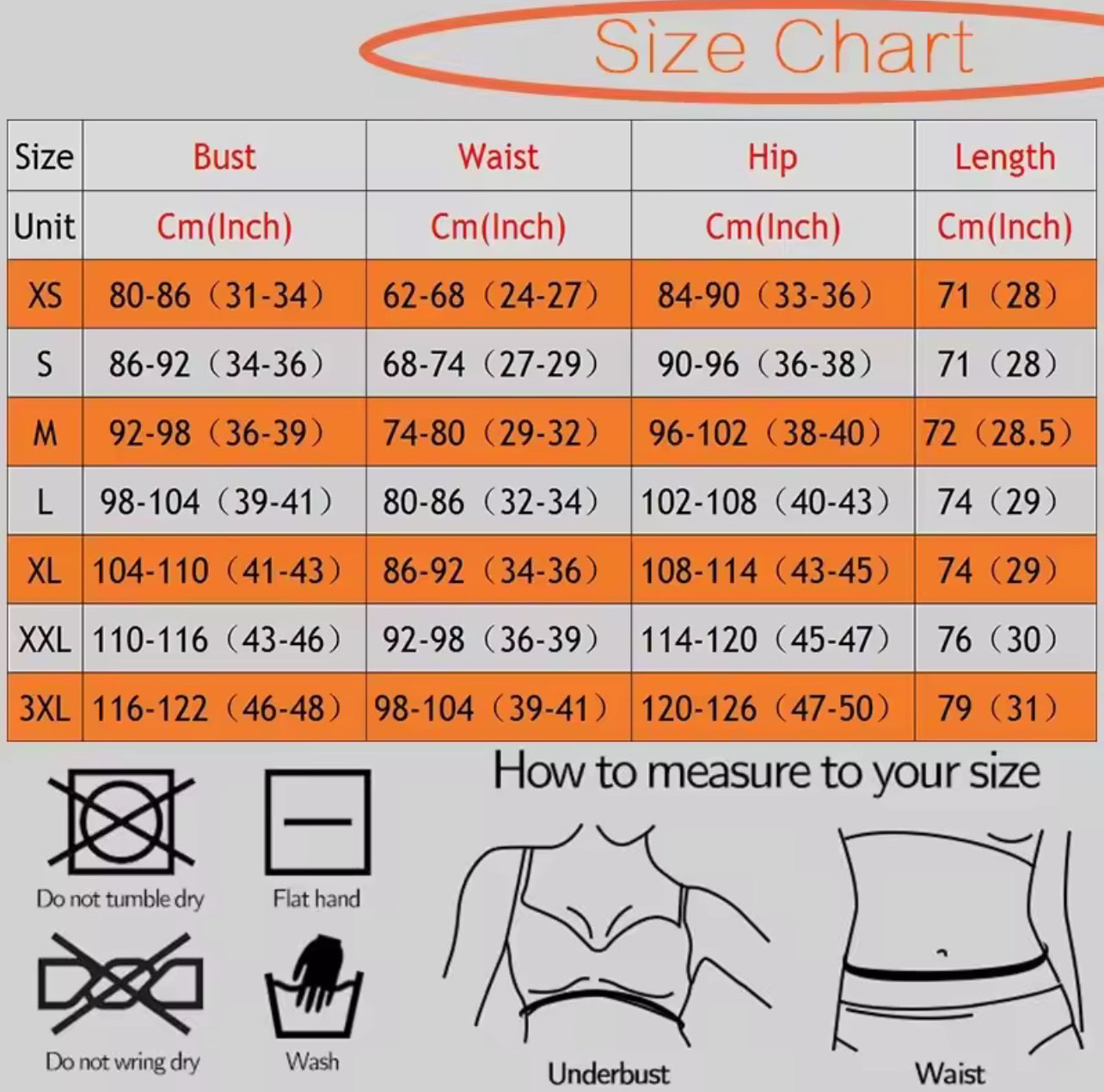 Size chart for clothing with measurements in centimeters and inches, including washing instructions.